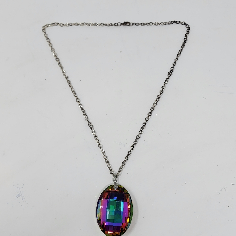 Silver Chain With Multicolor‎ Oval Large Pendant And Necklace - Picture 7 of 12